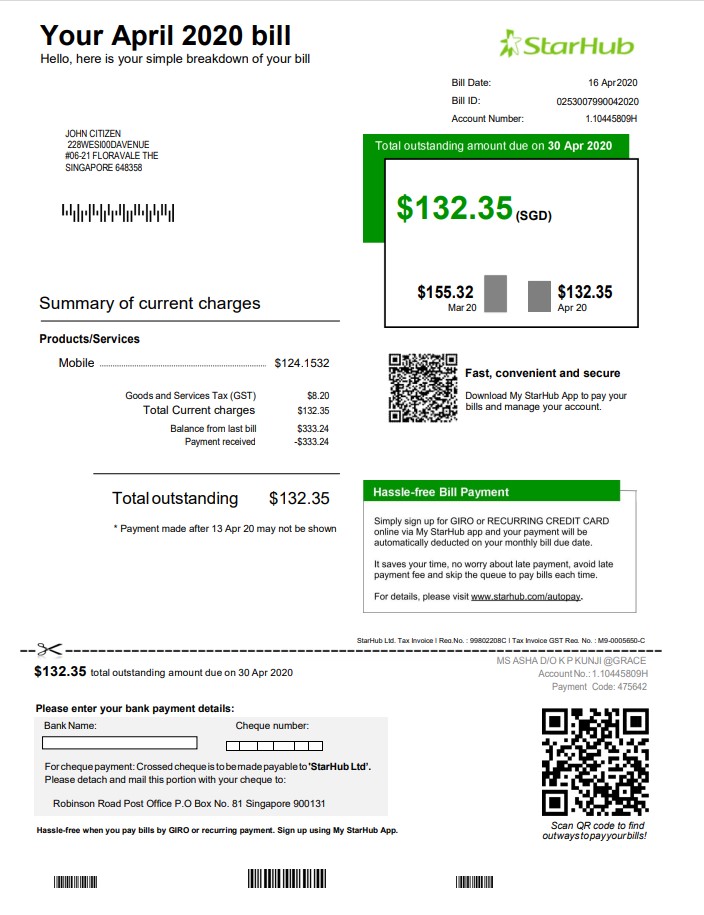 Singapore StarHub utility bill template in Word and PDF format